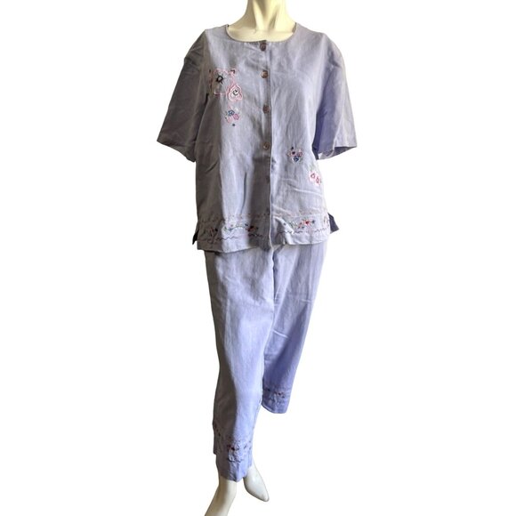 Vintage Koret Linen Blend Floral Pant Suit Sz Large Womens Purple Button Front S - Picture 1 of 16